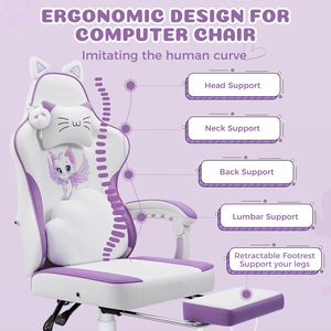 Silla Gamer Económica con Diseño de Gato Adorable y Función de Masaje - Silla Ergonómica de Cuero PU Lila y Blanco para Chicas Adolescentes - Product Image 6