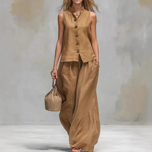 Ensemble décontracté pour femmes, gilet et pantalon à col en v, couleur unie marron, Sml1xl2xl, Europe, Amérique, Asie du Sud-Est, commerce électronique transfrontalier - Product Image 1