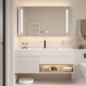 Armoires de salle de bain en bois personnalisables avec miroirs LED et vasques en céramique Ventes globales pour tables de toilette et armoires à vasques - Product Image 1