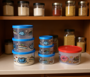 Juego de recipientes para almacenamiento de alimentos, 6 piezas, redondos, de plástico, con tapas, apilables, diseño de dibujos animados, para uso en la despensa - Product Image 2