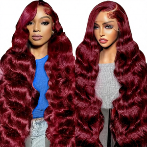 Peluca de Cabello Humano Virgen sin Pegamento, Ondas Profundas, Teñible, Venta al por Mayor, 13*4, Rojo Vino, Ondas Grandes, Balayage Realista, Peluca Larga HD con Capucha - Product Image 1