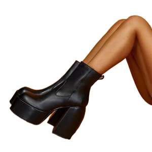 Botas de Plataforma con Tacón Grueso y Punta Redonda de Charol Negro al por Mayor para Mujer, Otoño - Product Image 1