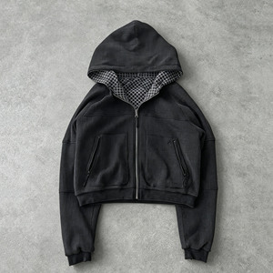 OEM Custom Streetwear Heavyweight Oversized Boxy Vintage Washed <strong>Reversible</strong> Plaid <strong>Zip</strong> up Waffle Knit Long Sleeve Hoodies for Men - Product Image 2