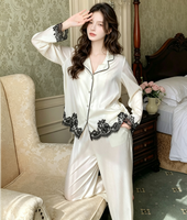 Französischer Stil Einfarbiges Damen-Pyjama-Set in Voller Länge mit Umlegekragen Langarm-Satin-Nachtwäsche und Elastischer Taille