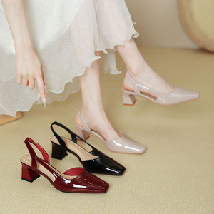 Women Square Toe Heeled <b>Sandals</b> Patent Leather Mid Heel Back Strap Slip-On Elegant Fashion Trend Solid Color - Product Image 2