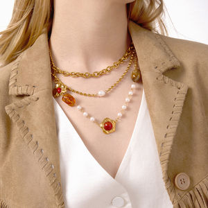 สร้อยคอวินเทจ 18K ทองสแตนเลส ประดับด้วยอาเกต รูปใบไม้ ดอกไม้ หัวใจทรงไม่สมมาตร สร้อยยาว เครื่องประดับฤดูหนาว - Product Image 4