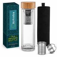 Botol Air Kaca Dinding Ganda Kustom Dengan Tutup Bambu dan Infuser Teh 304, Mug Perjalanan Borosilikat Terisolasi OEM Grosir