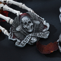 Hebilla de aleación vintage con diseño de calavera de motero y alas, estilo 'Bad to the Bone', para cinturón de estilo motorista, western y punk, compatible con correas de 38mm, apta para detección con detector de metales.