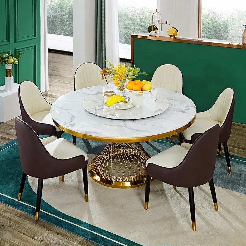 FY0001 quanu סיטונאי מודרני עגול אבן/השיש 6 מושבית אוכל סט עם 6 כיסאות אוכל שולחן