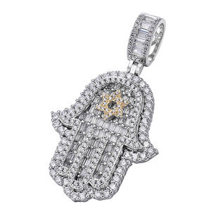 Hiphop Jewelry Baguette Cz Diamond Hamsa Hand Mens Fatima Pendant - Product Image 2