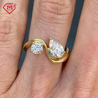 Bague Fine Toi et Moi Double Pierre Moissanite Ronde Poire Coupe VVS Clarté Bague Moissanite Or Massif 14k