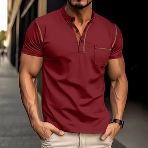 夏のメンズ半袖Tシャツ、ユースメンズボタン付き無地カジュアルトップスTシャツ、メンズTシャツ - Product Image 6