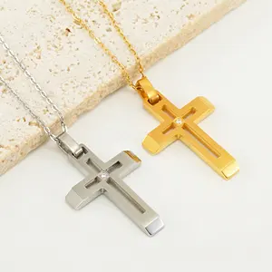 Minimalist Cutout Cross Halskette für Frauen Edelstahl beschichtung mit 18 Karat Gold und Diamant kreuz