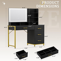 Bureau de maquillage en MDF noir et or avec miroir éclairé, 4 tiroirs et étagères ouvertes, couleurs personnalisées