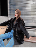 Manteau de luxe noir en fausse fourrure de vison pour femme, double boutonnage, col à revers avec boutons dorés, long, chaud et doux, veste d'hiver élégante