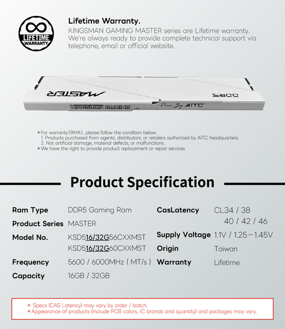 [KINGSMAN AITC] High-Performance DDR5 6000MHz Overclocked 32GB (2x16GB) CL38 Dual Channel Desktop RAM Intel/AMD Memory in Stock