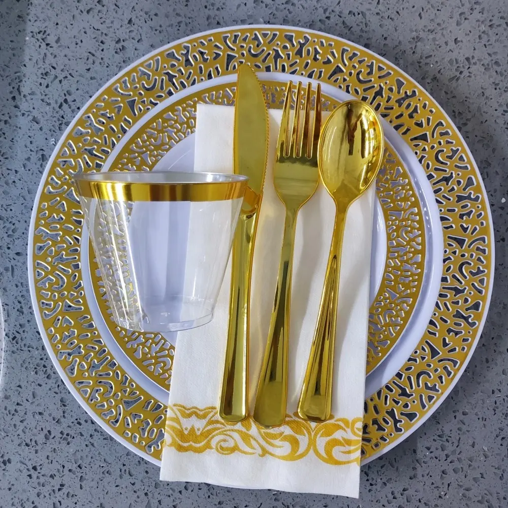 7,5/10,25 blanco negro buffet plato para servir platos de frotamiento con borde de plata dorada para catering cargadores de plástico platos