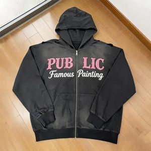 Sudadera con capucha personalizada de 400GSM para hombre, estilo vintage de moda primaveral, con lavado Monkey Wash, bordado plano, cremallera, serigrafía y efecto desgastado por el sol - Product Image 1