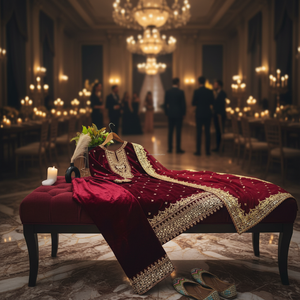 Nouvelle combinaison de soirée en velours de viscose de créateur avec broderie lourde, haut et dupatta entièrement cousus et bas pour les occasions spéciales - Product Image 2