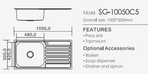 Évier de cuisine à une cuvette en acier inoxydable de <span class=keywords><strong>1</strong></span> mètre avec plateau 304/201 avec égouttoir - Product Image 2