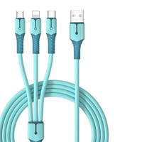 Câble de charge personnalisé 3 en 1, silicone liquide cyan clair, anti-casse, charge rapide pour appareils mobiles IOS Android Type-C