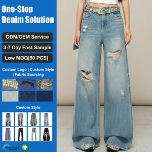 Vaqueros de mezclilla azul claro desgastados y rasgados para mujer, de pierna ancha, estilo vintage, holgados, largos hasta el suelo, estilo Y2K, streetwear. - Product Image 1