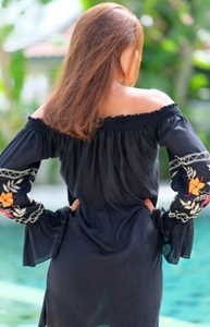 Plus Size Bohemian Black Slash Neck <b>Mini</b> Dress Floral Embroidery Breathable Eco-Friendly Loose Chiffon Casual Summer Dress Women - Product Image 4