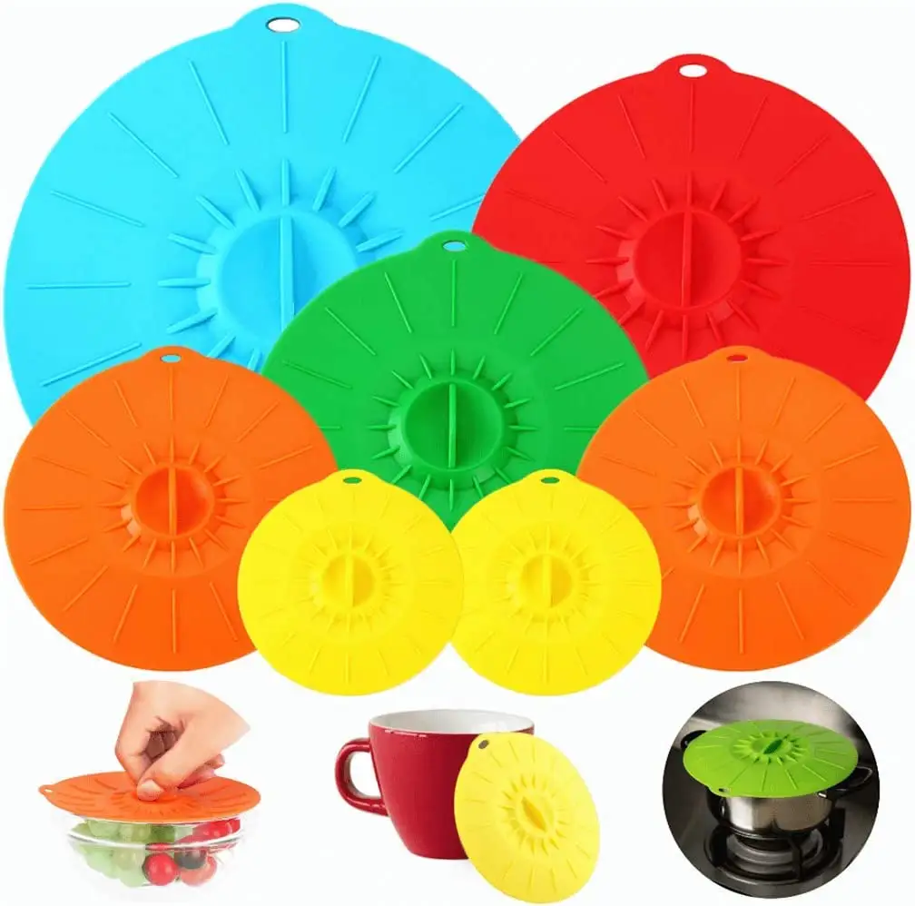 Lot de 7 couvercles en silicone couvercle anti-éclaboussures pour micro-ondes 5 tailles couvercles d'aspiration alimentaires réutilisables résistants à la chaleur pour tasses