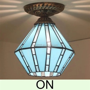 Lanterne bleue vintage de style Tiffany méditerranéen de 8 pouces, lampe de plafond LED industrielle en acier fabriquée à la main, à montage en surface, pour chambre à coucher - Product Image 1