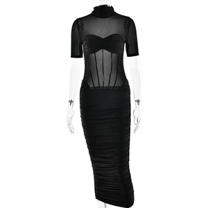 European American Style <b>Winter</b> Dress High Neck Sheer Mesh Patchwork Pleated <b>Tight</b> Fitting Long Skirt Evening Wear - Product Image 5