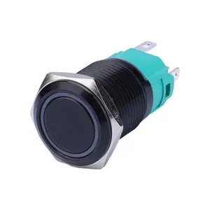 16mm Black Waterproof IP65 12 Volt Blue Ring LED Illuminated Lighted ON OFF 1NO1NC Latching Button Switch