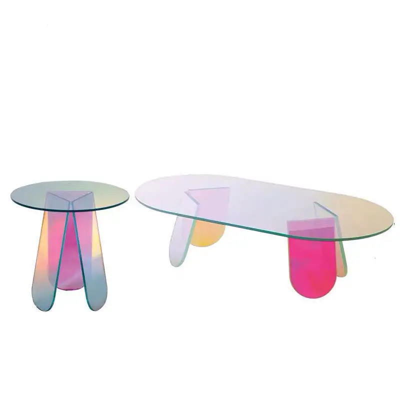 Eigentijdse Meubels Opvouwbare Cirkel Duurzaam Iriserend Gekleurd Acryl Kant Regenboog Tafels Perspex Acryl Salontafel Ovaal