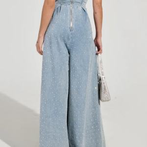 ชุดเดนิมปาร์ตี้สำหรับสาวๆ สไตล์ฮอตเกิร์ล ทรงหลวมขากว้าง ประดับคริสตัล ชุดจั๊มพ์สูทเดนิมแบบไม่มีสายรัดไหล่ - Product Image 3