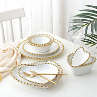 Luxe perle point blanc en céramique or bord dîner ensemble maison Restaurant coeur forme bol et assiettes vaisselle ensembles de vaisselle