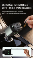 Cargador de Coche con Encendedor de Cigarrillos Retráctil Doble, Carga Rápida PD, Cables USB-C Retráctiles con Puertos USB-C y USB-A