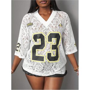 Chemisier en jersey à dentelle florale pour femme, numéro 23, col en V transparent, manches courtes, haut d'été ample, respirant, en maille, vêtement de sport - Product Image 5