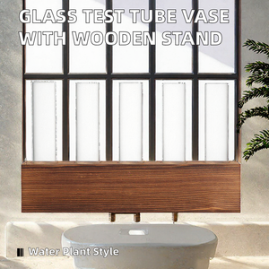 Vase en verre en forme de tube à essai, support en bois Art Déco, hydroponique - Décoration de mariage et de maison - Product Image 2