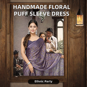 Sari de Alta Calidad para Mujer, Estilo India-Pakistán, Polietersulfona, Corte Regular, 2022, Hecho a Mano, Bordado Floral, Manga Abullonada, Cuello en V - Product Image 2