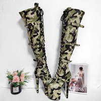 20CM Tacones Mujer Talons Femmes Camouflage Chaussures Sexy Sur le genou Cuissardes Talons Hauts Pole Dance Chaussures Plateforme Bottes Pour Femmes
