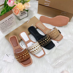 Women's Rivet <b>Flat</b> Slides Stylish Square Toe Slip on Sandals Comfortable <b>Summer</b> Outdoor Casual Shoes - Product Image 1