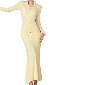 Robe longue décontractée sur mesure OEM de haute qualité, ajustée, à revers, simple boutonnage, manches longues, en maille, longueur midi, vente en gros - Product Image 4