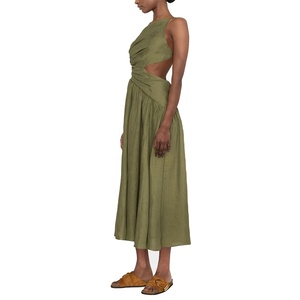 New Fashion Casual Ruffle Straps Cross Backless Flax Dresses asimmetrico eco-friendly lino <span class=keywords><strong>Midi</strong></span> Dress - Product Image 2