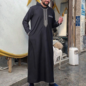 Túnica Thobe Marroquí Negra para Hombre, Bordado de Alta Calidad, Transpirable, de Poliéster, con Bolsillos con Cremallera, Estilo Islámico Modesto, Largo hasta el Tobillo, de la India - Product Image 4