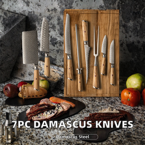 Ensemble de couteaux de cuisine haut de gamme 7 pièces en acier carbone, fabriqués à la main, durables, avec manche en bois martelé - Product Image 2