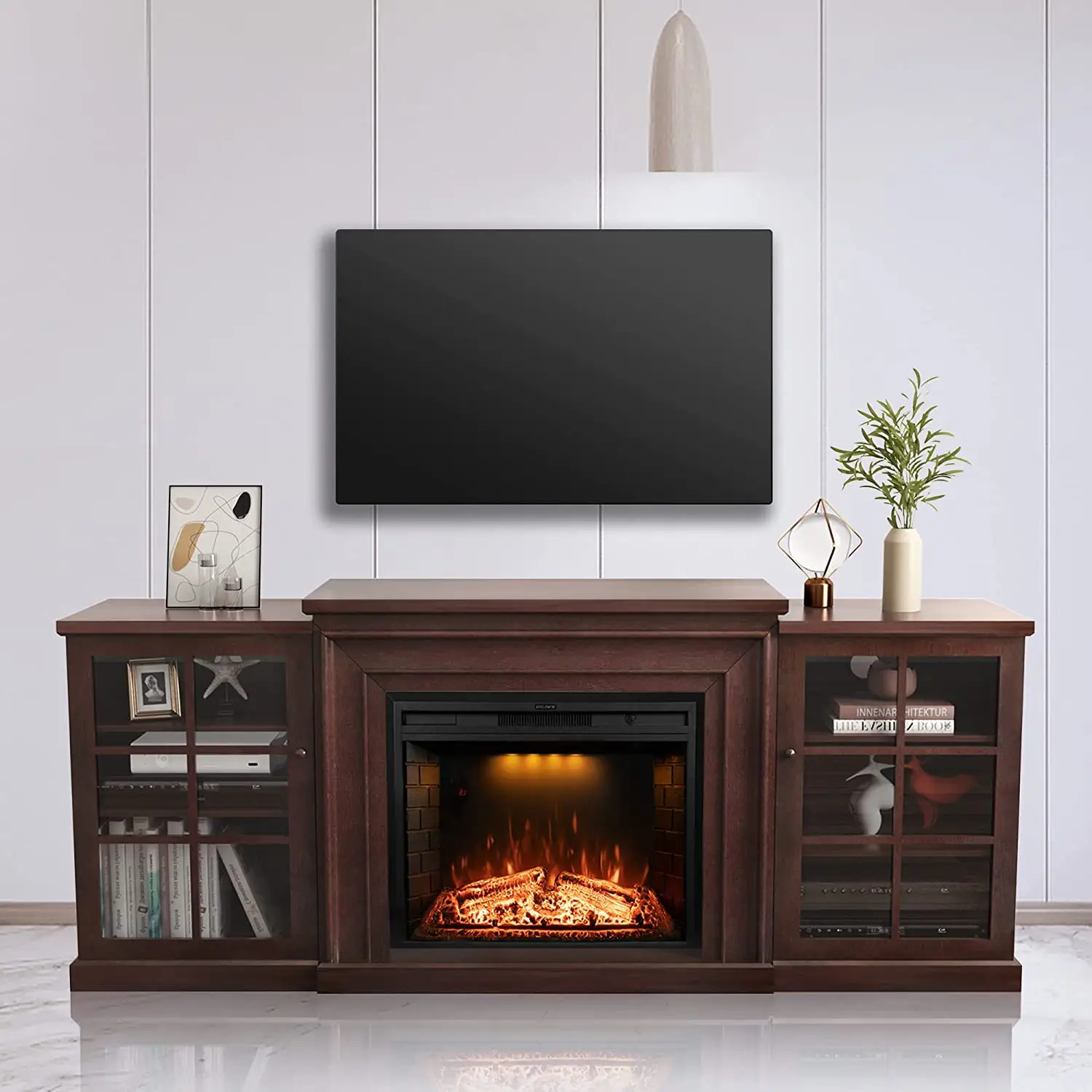 Luxstar Electric Fireplace TV Stand for 82" TVs Entertainment Center with Glass Door Console Cabinets Adjustable Shelf