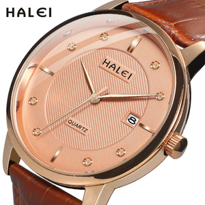 Envío Directo HALEI Nuevo Reloj de Cuarzo Original con Correa de Cuero, Pantalla Analógica, Esfera con Diamantes, Resistente al Agua 3BAR, Movimiento Japonés - Product Image 2