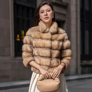New Russian Mink Fur Primary Color Standing Collar Light Gold Winter Warm Soft And Comfortable Women's Real Sable Fur Coat