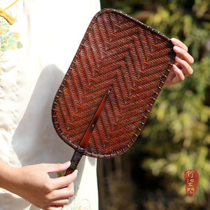 Handmade Bamboo Woven Fan Lacquered Round Antique Style Palm Leaf Fan Art Collectible Photo Prop - Product Image 3