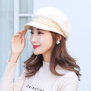 Women's Winter Knitted Hat Fleece Lined Warm Rabbit Fur Cap For Middle Aged And Elderly 56-58Cm Light Beige - Product Image 1