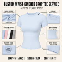 T-shirt court côtelé bleu poudré à col ras du cou, coupe ajustée, manches courtes, respirant, taille cintrée, style streetwear personnalisé OEM pour femme
